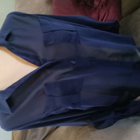 Sheer navy blue button down blouse.  Front pockets and yoked back. - Picture 1 of 5